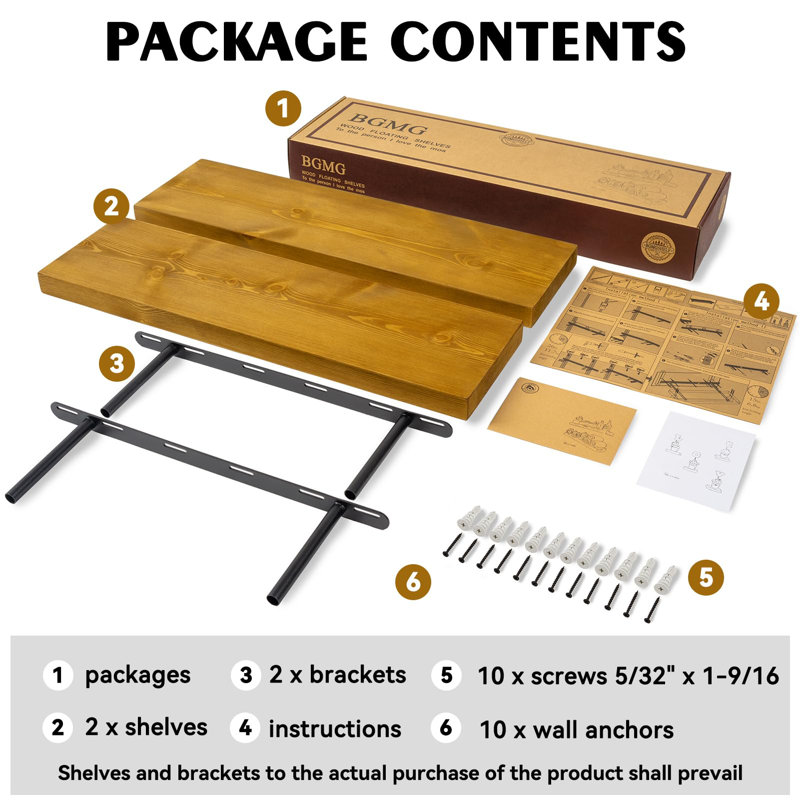 Rustic Wooden Floating Shelf (Set of 2), for Home Decor and Storage, Yellow Brown, 1.25" H x 24" W x 6.7" D