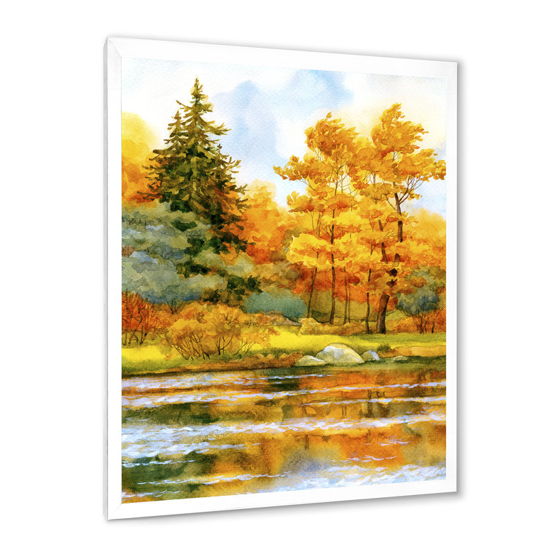 Forêt automnale au bord du lac II - Peinture sur toile, H 40 po x l 30 po x 1,5 po, Toile blanche encadrée