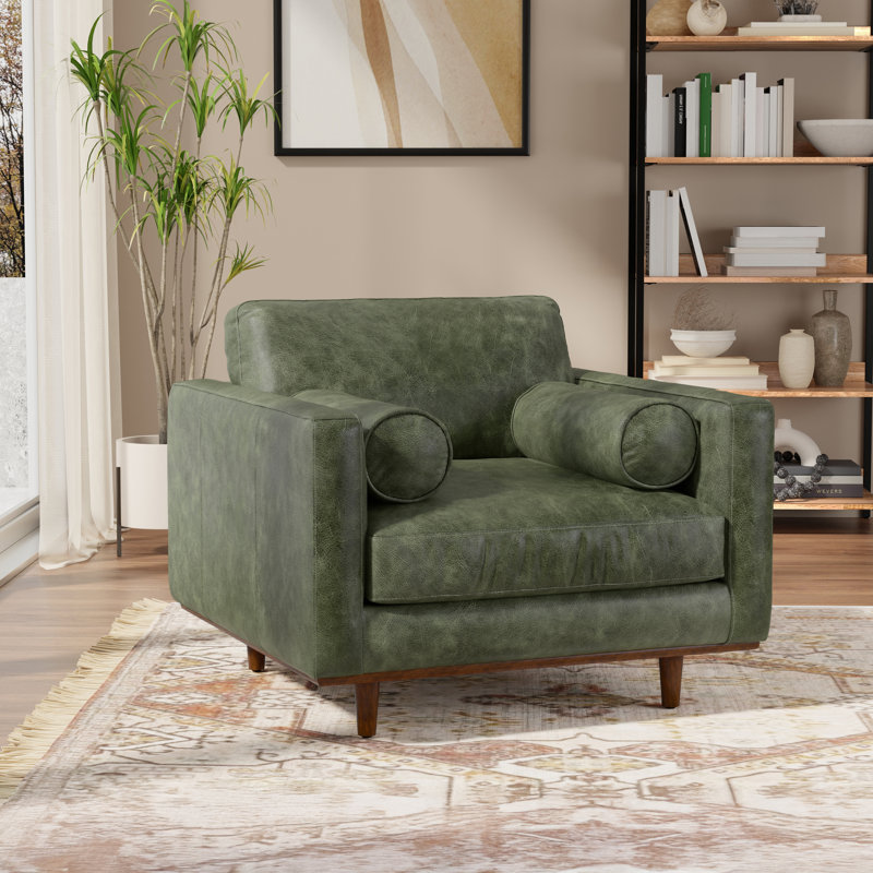 Morrison 42"W Upholstered Mid-Century Modern Arm Chair with Bolster Pillows, Moss Green Genuine Leather
