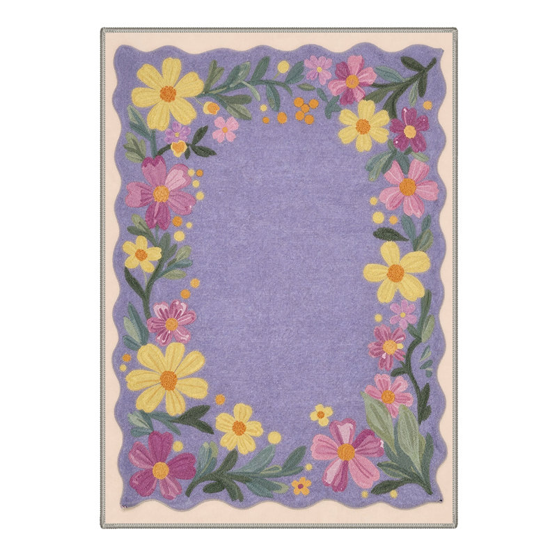 Verdant Floral Machine Washable Purple / Yellow / Green / Beige Indoor Area Rug with Non-Slip Backing, Rectangle 6' x 9'