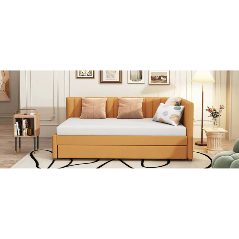 Yellow Linen Fabric Upholstered Daybed With Trundle, Versatile Twin Size Bed In Strong Build, No Box Spring Required, Yellow
