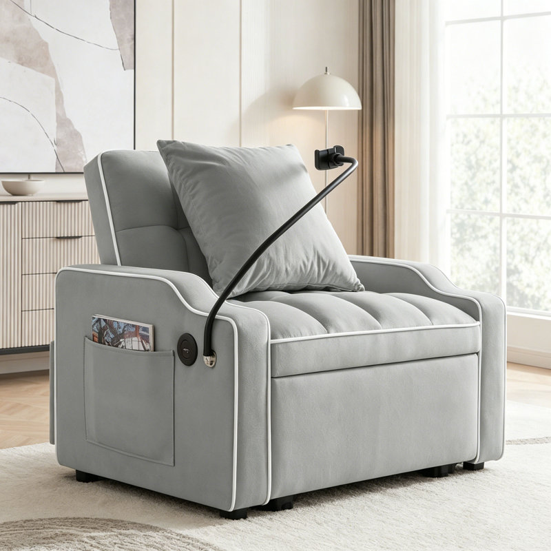 Canapé convertible 3 en 1 avec dossier réglable, support pour téléphone et port USB, Gray