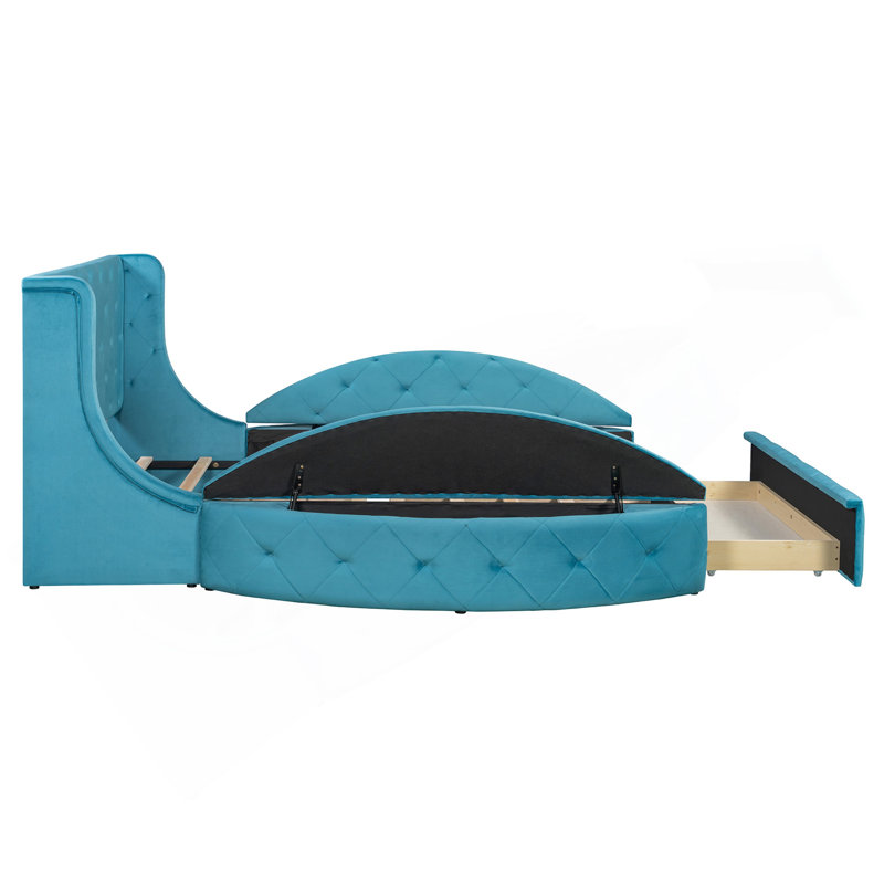 Lit plateforme tapissier grand en velours avec tête de lit à oreilles et 1 grand tiroir, 2 tabourets de rangement latéraux (bleu)