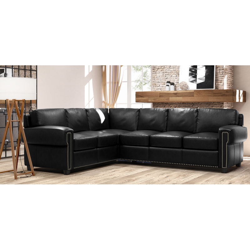 Fardin Upholstered L-Shaped Sectional, Right Facing, Black Genuine Leather