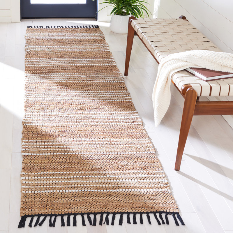 Preston Striped Hand-Woven Cotton/Leather/Jute Brown/Beige Area Rug, Runner 2'3" x 9'