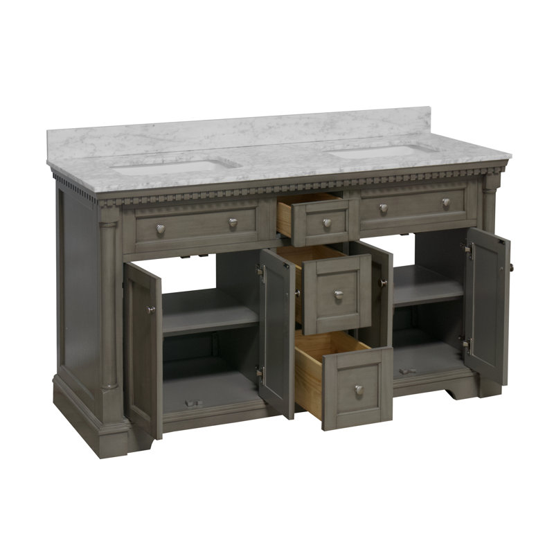 Ensemble de meuble-lavabo double 60 po avec armoire gris patiné et comptoir en marbre de Carrare, Gris patiné