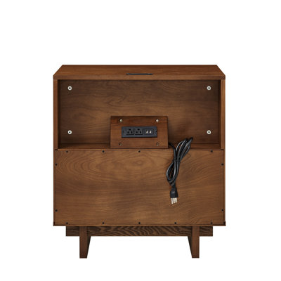 Mid Century Modern Grille Slat Nightstand with Hidden Charging Station USB Ports & Outlet Hole