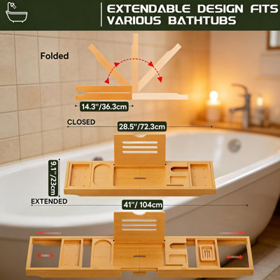 Bamboo Bath Tray Foldable Adjustable with Book Rest