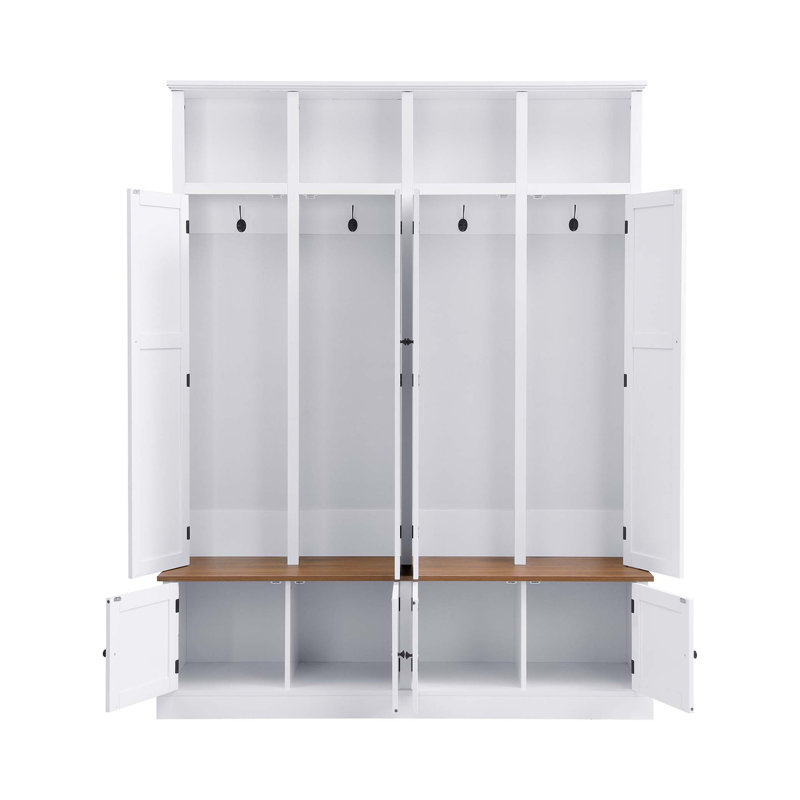 76.7''H Farmhouse Hall Tree with Bench and Cabinet, 4-in-1 Entryway Organizer with Open Cubbies & Hooks for Hallway, Entryway, Living Room