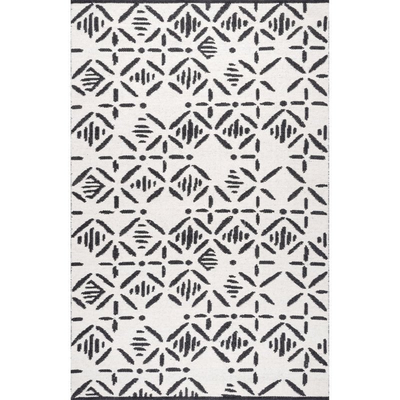 Tapis ivoire / noir en coton tissé à la main Southwestern, Rectangle de 5 pi x 8 pi