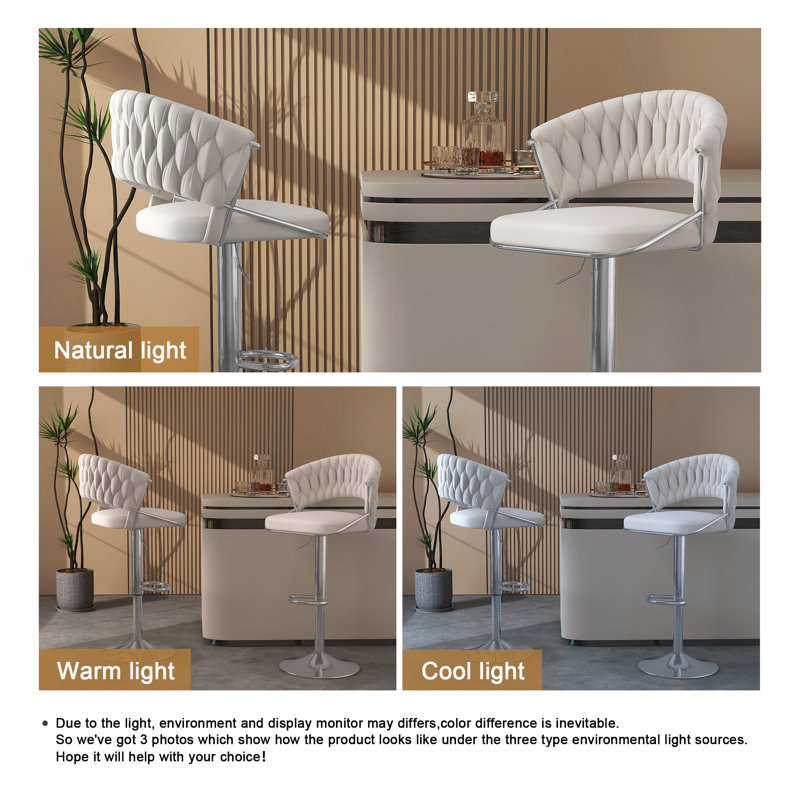 Christal Swivel Upholstered Adjustable Height Counter Stool, Ivory, Silver