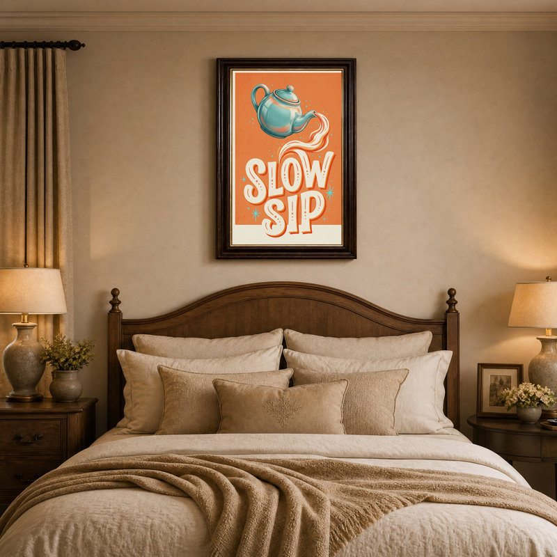 " Teal Teapot Pouring Stream Over Slow Sip Lettering " Painting Print, H 24 po x l 16 po