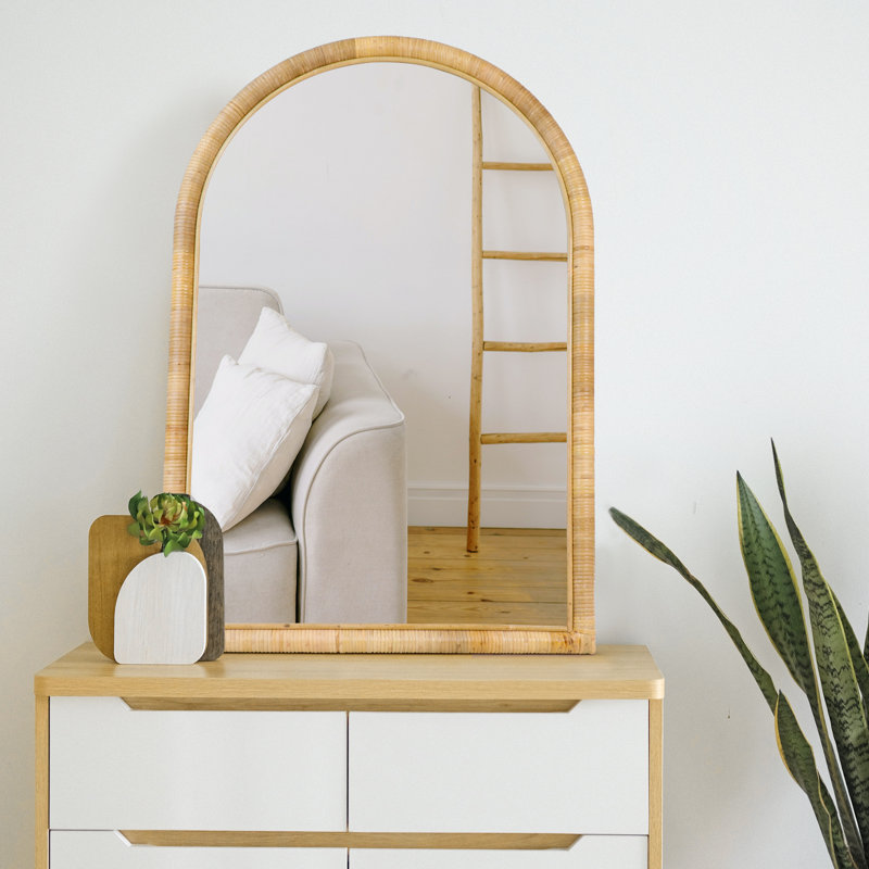 Natural Rattan Arched Wall Mirror, 36" x 24" Boho Decor