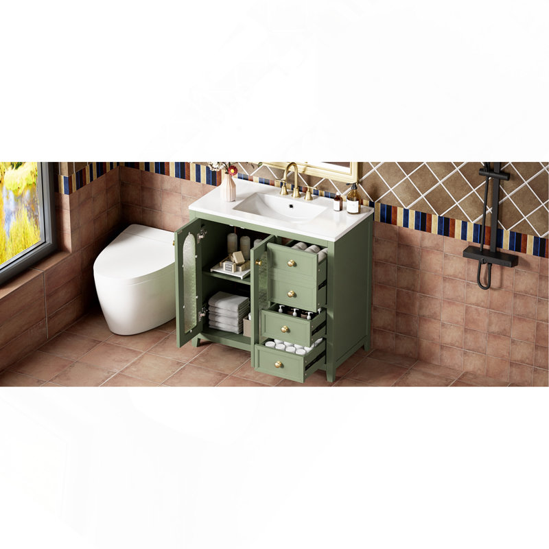 Meuble-lavabo de 36 pouces avec deux portes à fermeture douce, des tablettes réglables et trois tiroirs, Green