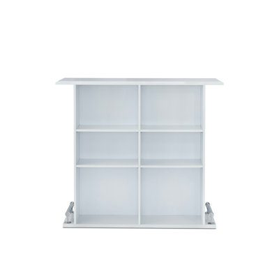 Kite White Bar Table In High Gloss, 6 Compartments Open Storage, Wooden Base And Metal Footrest, Kd Style, Pb, 16 Deep, 86 Lb Weight Gloss Featuring - Compartment Fixed Top, Footrest On Front Base,