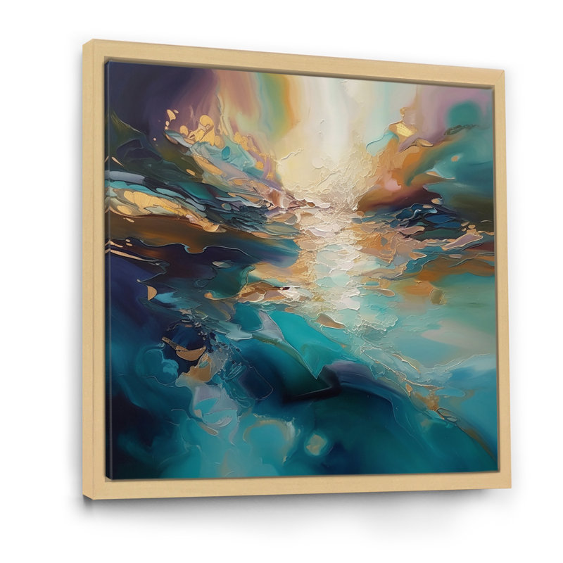 «Spiried Ocean Sunset in Shades of Blue I», art abstrait sur toile, paysage encadré, 16" H x 16" W, Cadre flottant blanc