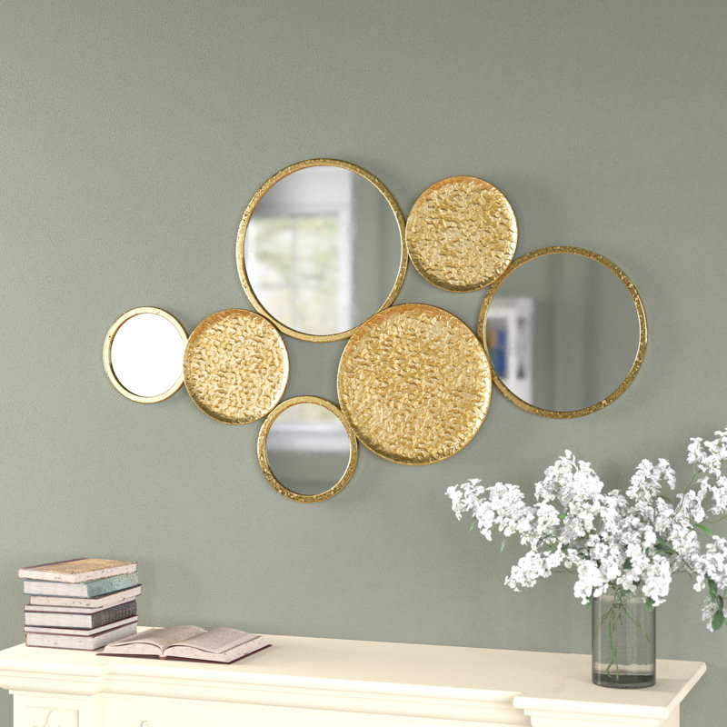Modern Metal Wall Mirror with Overlapping Circular Design, Textured Iron and Glass Decorative Accent   