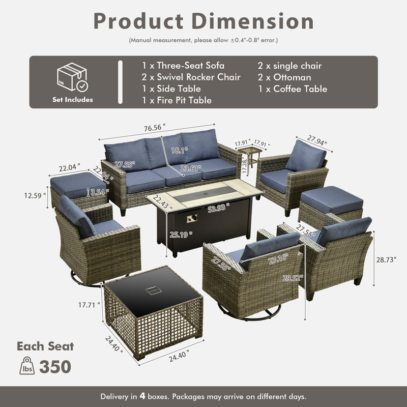Allcot 7 - Person Wicker Outdoor Conversation Set, Patio Swivel Chair Set with Lighted Coffee Table and Cushions, Blue