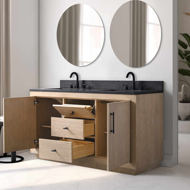 Ensemble de meuble-lavabo autoportant 60 po avec plateau en calcaire noir Avignon, Calcaire noir, Blé clair, 60"