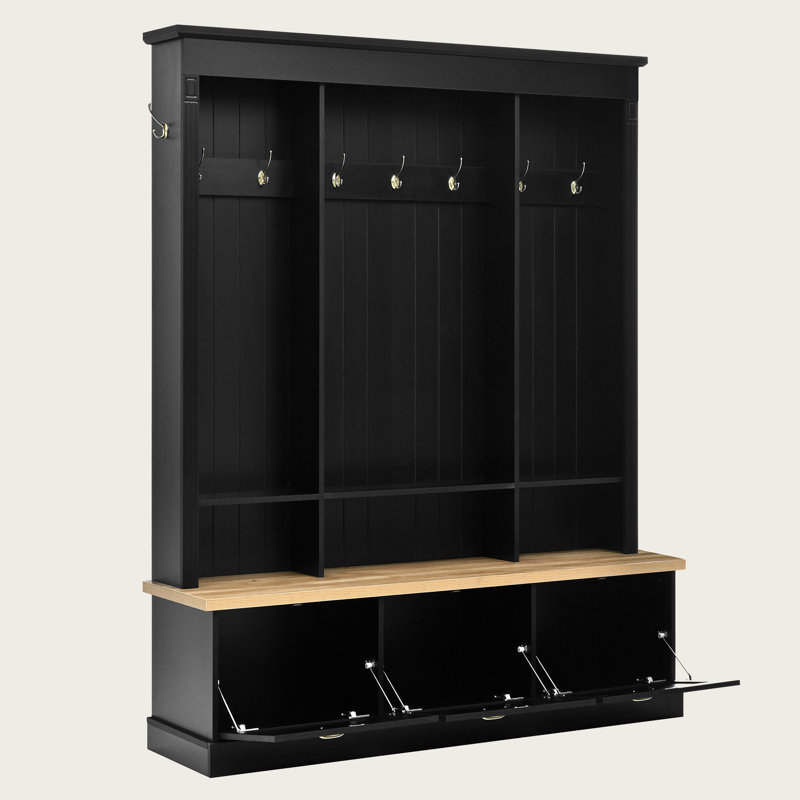 Hall Tree with Storage Bench and App-Controlled LED Light, Entryway Organizer with 9 Hooks, Shoe Cabinets and Shelves, Roman Column Farmhouse Hall Tree