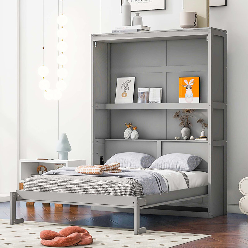 Lit escamotable mural avec tablettes Murphy, Gris, Lit double