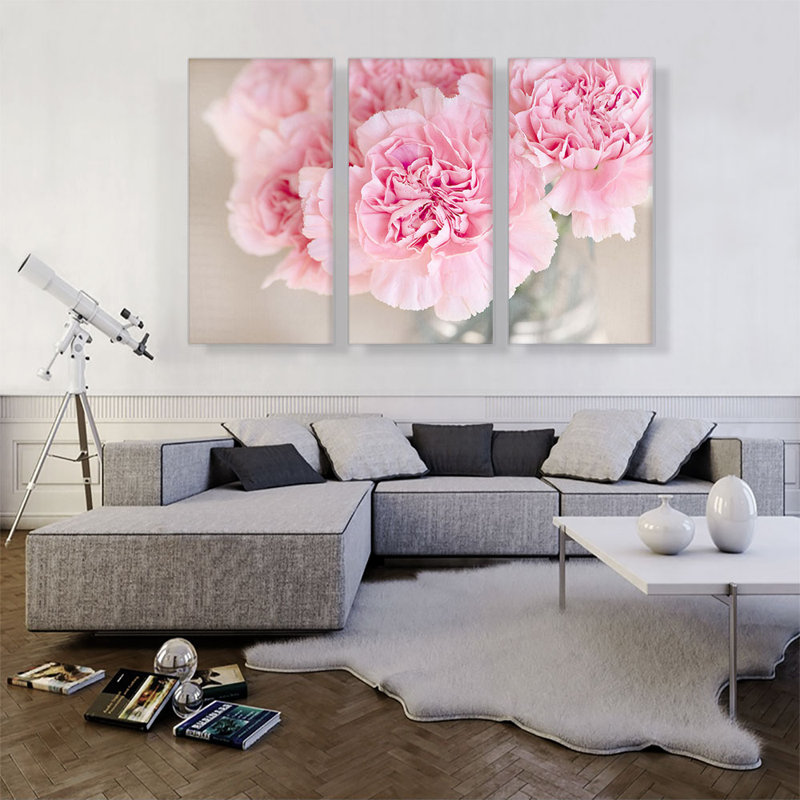 Œillet rose - ensemble de 3 reproductions de photos sur toile tendue, H 40 po x l 60 po x 1,5 po