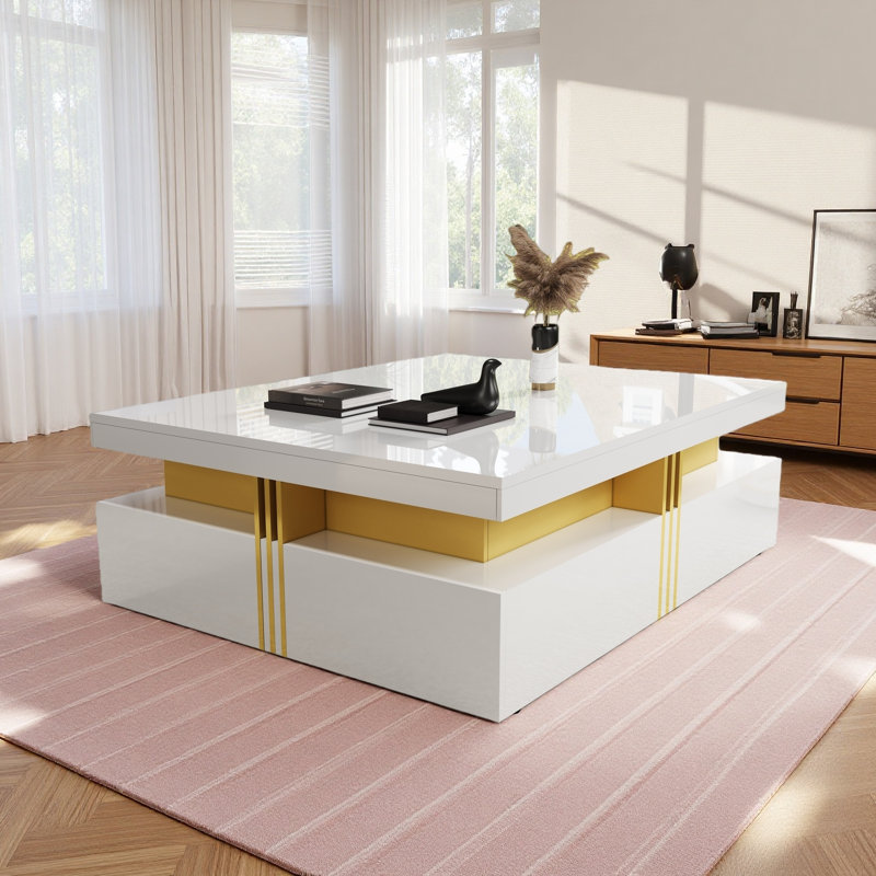 Table basse moderne carrée avec rangement à 4 tiroirs, Blanc