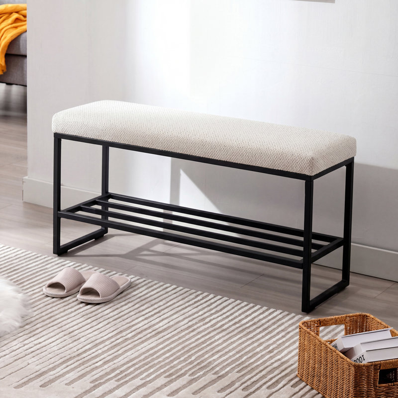 40.6" W Modern Upholstered Storage Bench with Shoe Rack and Metal Sled Base, White Boucle