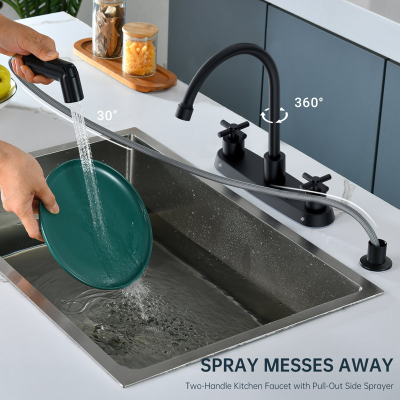 Two-Handle 4-Hole 8" Centerset Kitchen Faucet with Side Sprayer, Matte Black
