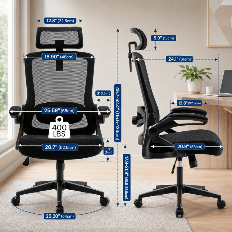 400LBS Capacity Ergonomic Desk Chair with Breathable Mesh, Thick Cushion, Adjustable Lumbar, Comfortable for Home Office Use in Black