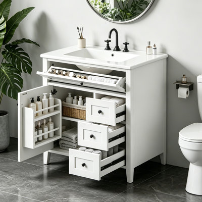 Meuble-lavabo blanc 30 po avec lavabo en céramique, meuble-lavabo autoportant pour le rangement et l'organisation de la salle de bain (porte de gauche)