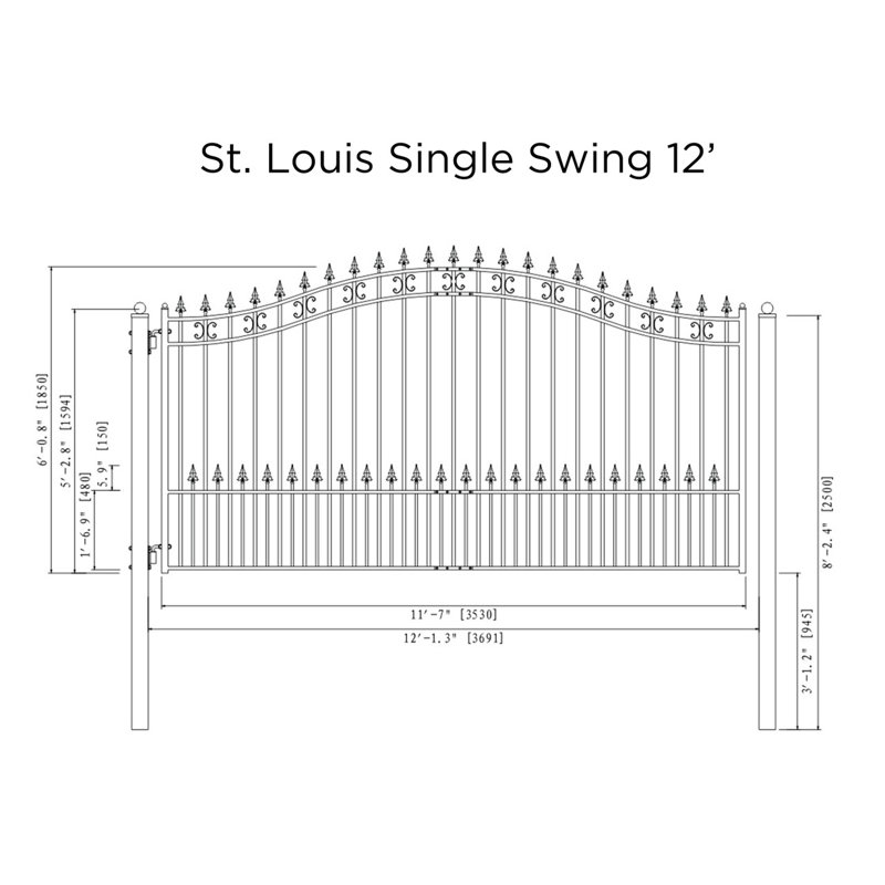 St. Louis Style Black Steel Arched Driveway Gate with Pointed Pickets