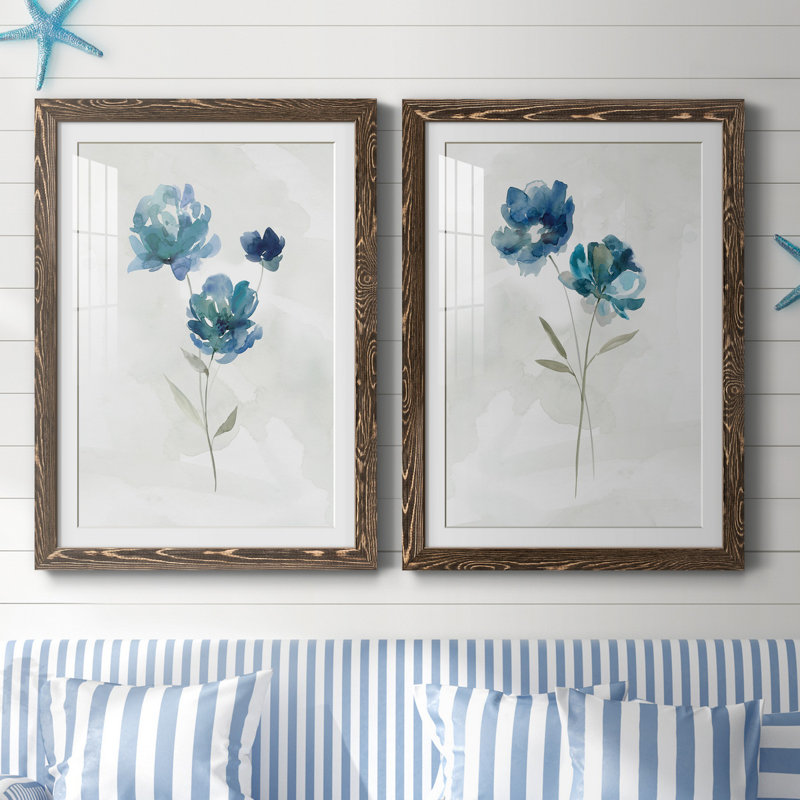 «Blue Botanical I», ensemble de 2 reproductions d'art, H 31,5 po x l 47 po x P 1,5 po, Papier, cadre noyer, Blanc
