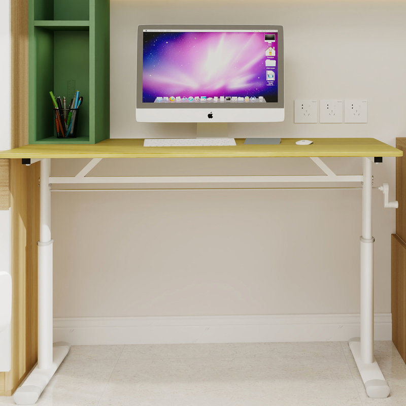 Bureau à hauteur réglable à la main pour et pour adultes, bureau personnel multifonctionnel, conception simple, pieds blancs, bureau de couleur bois, structure à double colonne compacte avec réglage manuel, soutien,