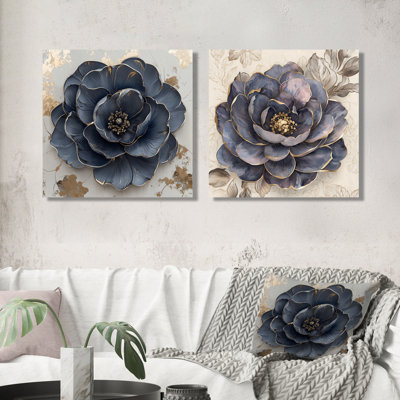 Bleu foncé rose doré I - Art mural rose - art mural traditionnel pour le salon 2 pièces