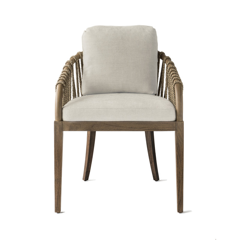 Beige Rattan and Teak Arm Chair with Cushions