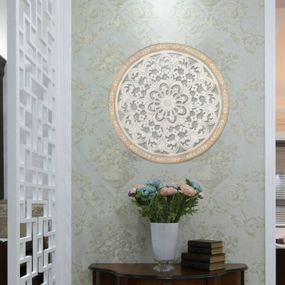 Décoration murale florale sculptée en bois 25 po