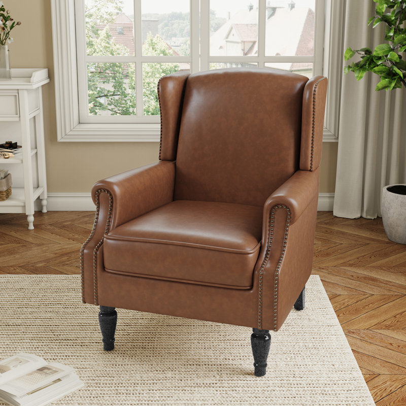 74 Cm Wide Wingback Armchair with Nailhead Trim, Brown Faux Leather