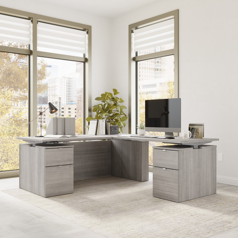 Bush Business Furniture Stratus 72W X 78D Height Adjustable L Shaped Standing Desk With Drawers - Reversible, Platinum Gray
