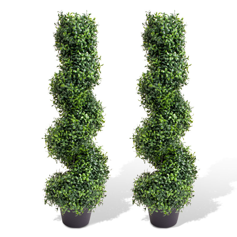 UV Resistant Artificial Boxwood Spiral Topiary Trees in Pots – Realistic Faux Evergreen Plants – Indoor Outdoor Front Door Porch Garden Décor – Low Maintenance – 2pcs, 90cm