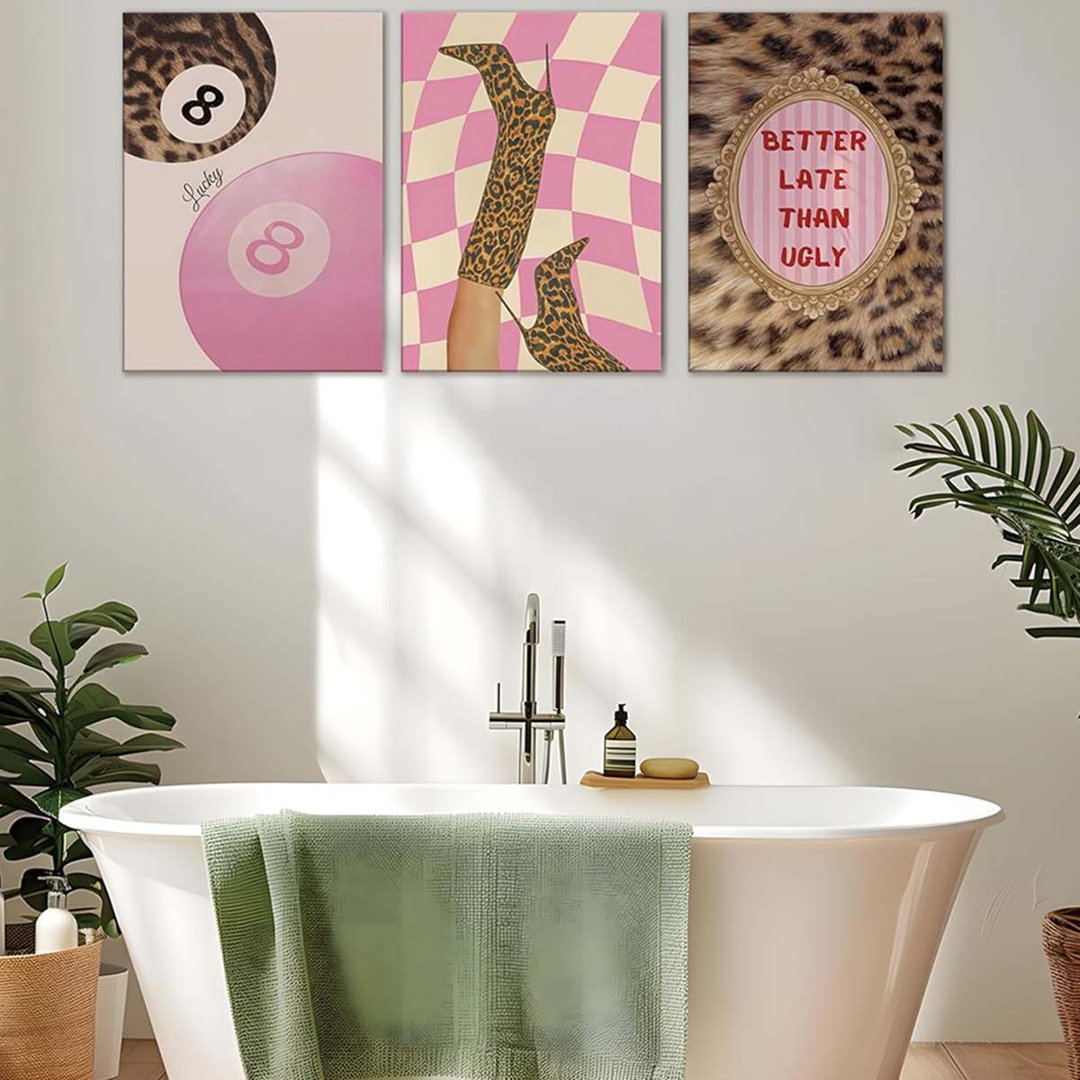 40*30,Pink Leopard Print Wall Art Set Of 3, Trendy Fashion Lucky 8 Ball Canvas Posters Painting.