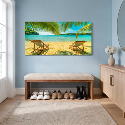Tropical Beach Scene With Palm Trees And Lounge Chairs Canvas Wrapped Wall Art Oil Painting Print Set Of 1