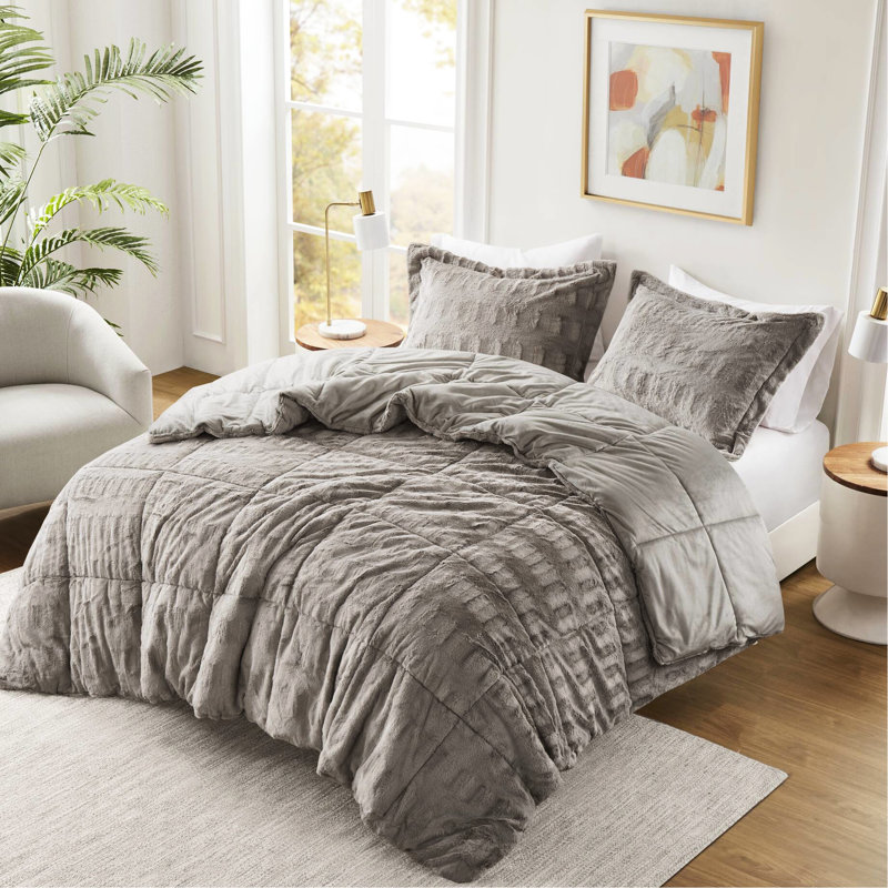 Édredon en fausse fourrure unie gris / double avec 2 taies décoratives, fourrure élégante, séchage par culbutage à basse température pour un résultat de 3 pièces