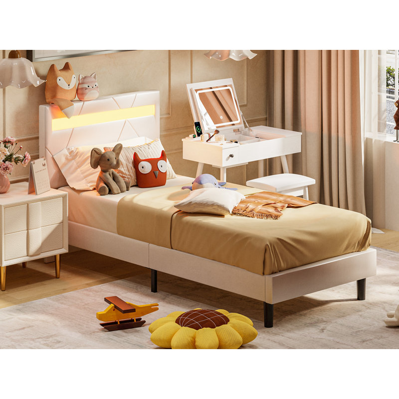 Chadijah Modern Style PU Leather Upholstered Bed with Adjustable Headboard & RGB LED Lights, Twin, White