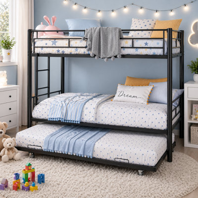 Lit superposé simple au-dessus d'un lit simple en métal avec lit gigogne, lit convertible pour enfant peu encombrant avec garde-corps et échelle, solution de couchage multifonctionnelle pour les chambres et les chambres d'amis