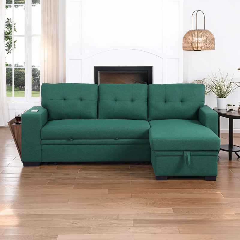 Canapé modulaire coulissant en lin 92 po avec méridienne de rangement, port USB et porte-gobelet 92 po, Lin vert