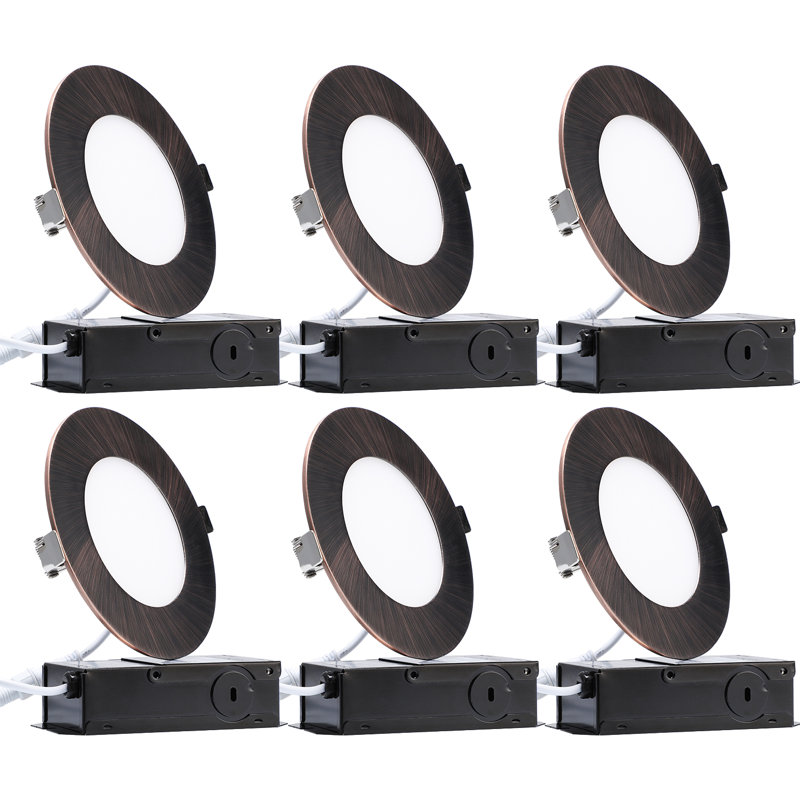 Pointes encastrées DEL extraplates de 10 cm avec boîte de jonction, plafonniers sans boîtier à intensité variable, IRC 90, blanc chaud 2700 K, bronze huilé