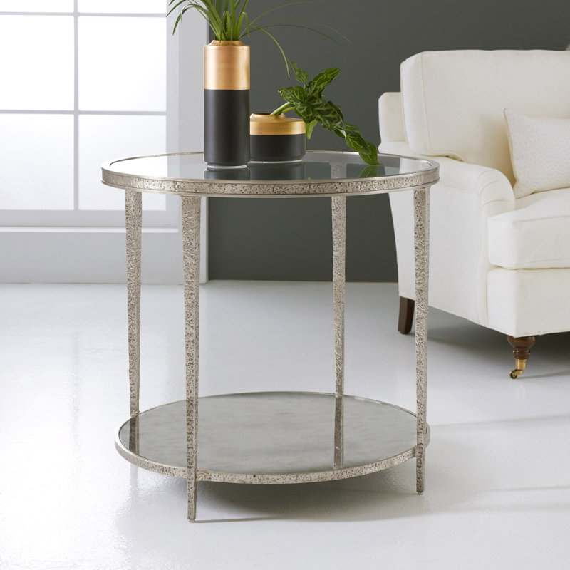 Sculpture Glass End Table, Antique Aluminum