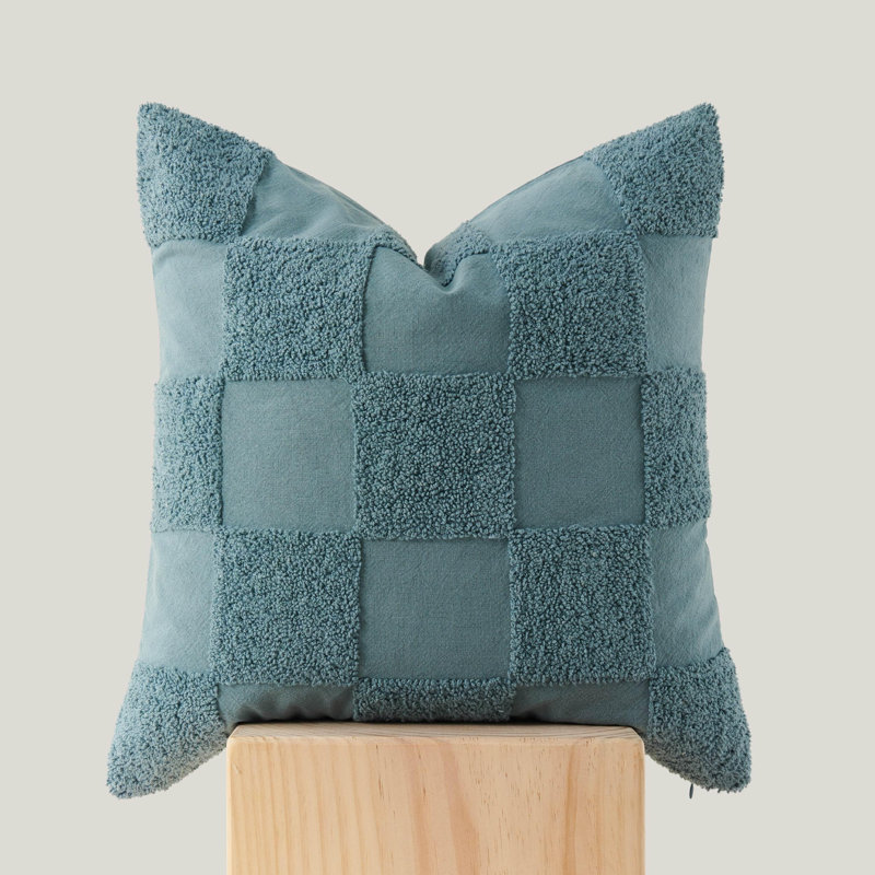 Double Stitch 100% Cotton Checkered Tufted Boho Decorative Throw Pillow Covers, Smoky Blue