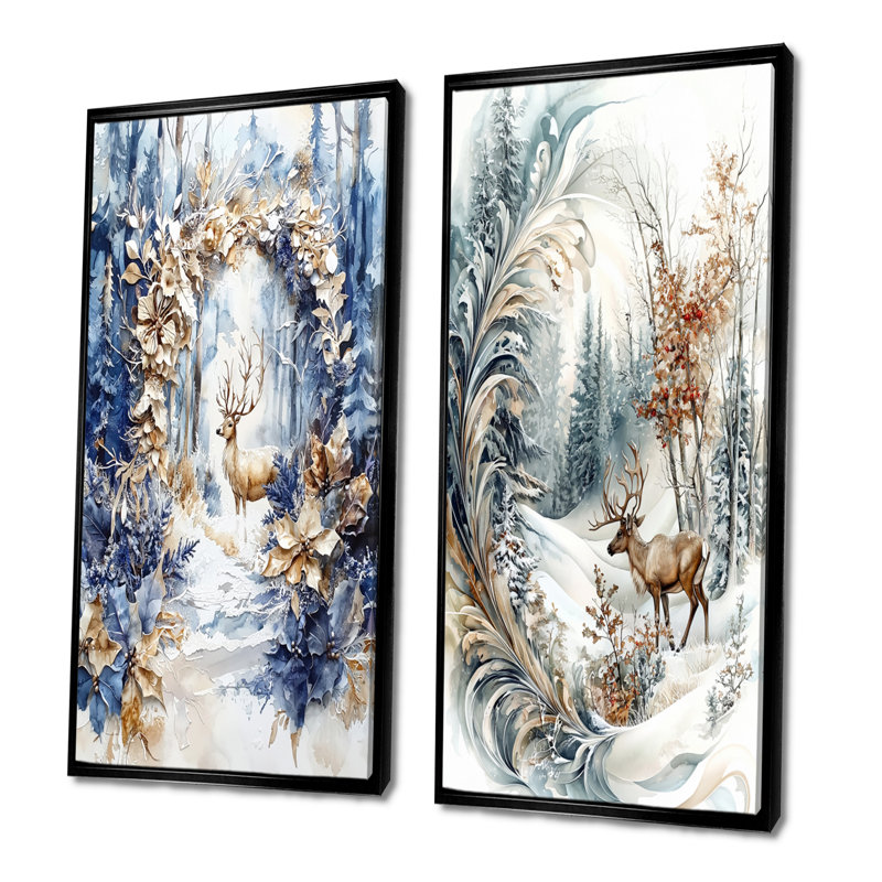 Ensemble de 2 pièces d'art mural blanc et bleu en bois de Noël I - Christmas Santa Deer, H 32 po x l 32 po